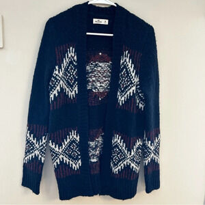 Hollister Open Front Cardigan Wool Blend Sweater In Navy Aztec Pattern Size Med